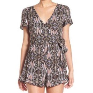 LUSH Black Multi Paisley Floral Short Sleeve Boho Surplice / Faux Wrap Romper L